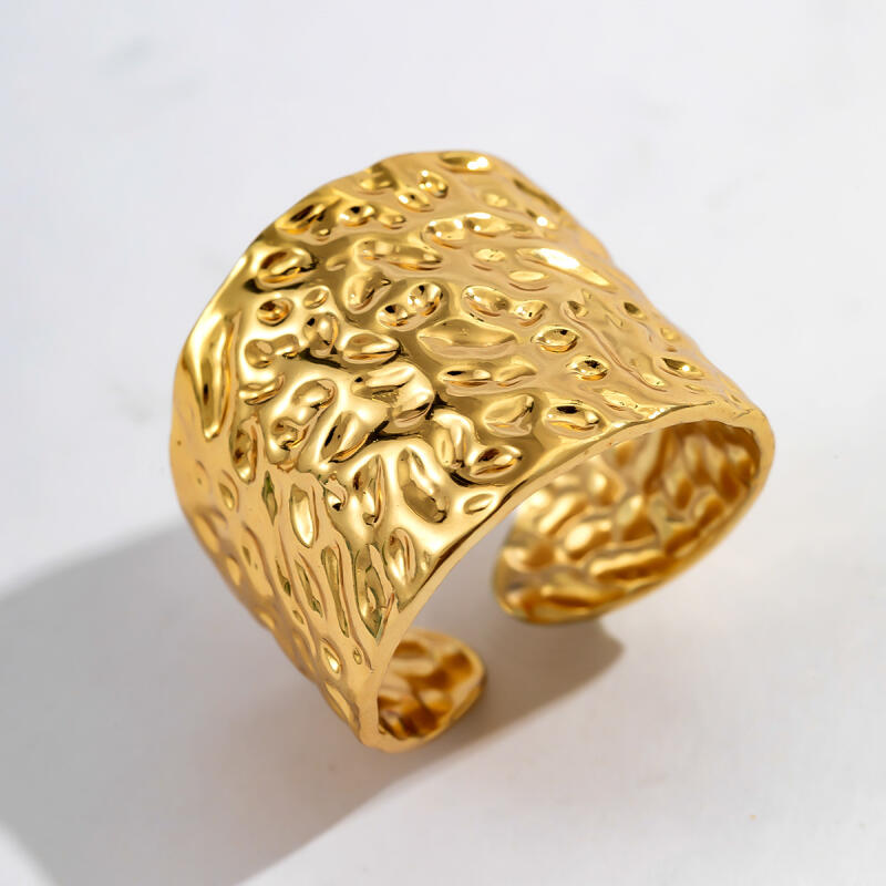 Punk Hammer Patterned Wide Edged Adjustable Opening Rings for Women Gold Color Stainless Steel Rings Party Jewelry Gifts