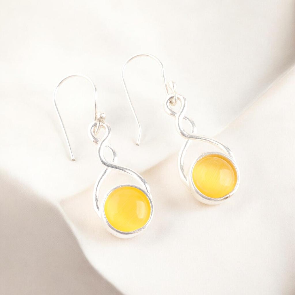 Round Shape Yellow Cat's Eye Gemstone 925 Stamped Silver Handmade Earrings 1.68" CE-15-41