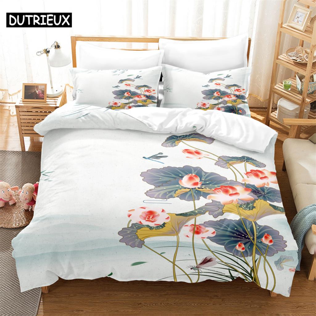 

Lotus 3Pcs Bedding Sets 3D Digital Printing Custom Quilt Duvet Cover Set Home Queen King Quilt Pillowcase (135x200cm)&set
