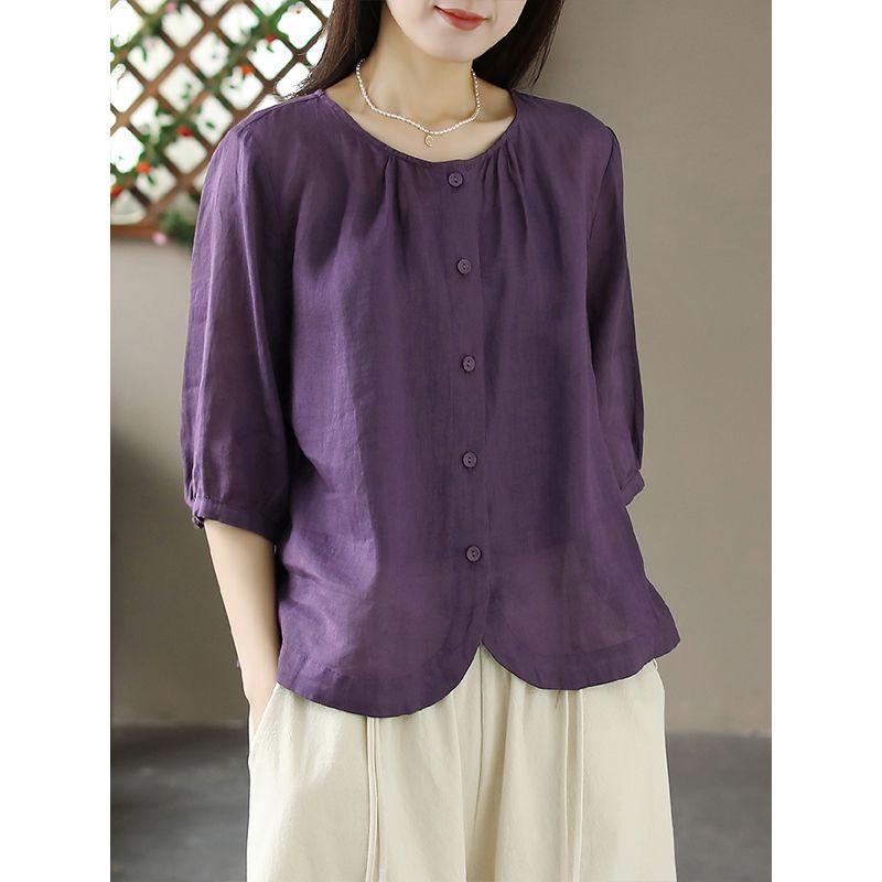 Hem künstlerisch Fünf-Viertel-Ärmel Sommer Temperament Locker Schlankmachend Lässig Rundhals-Hemd Einreihig Einfarbig