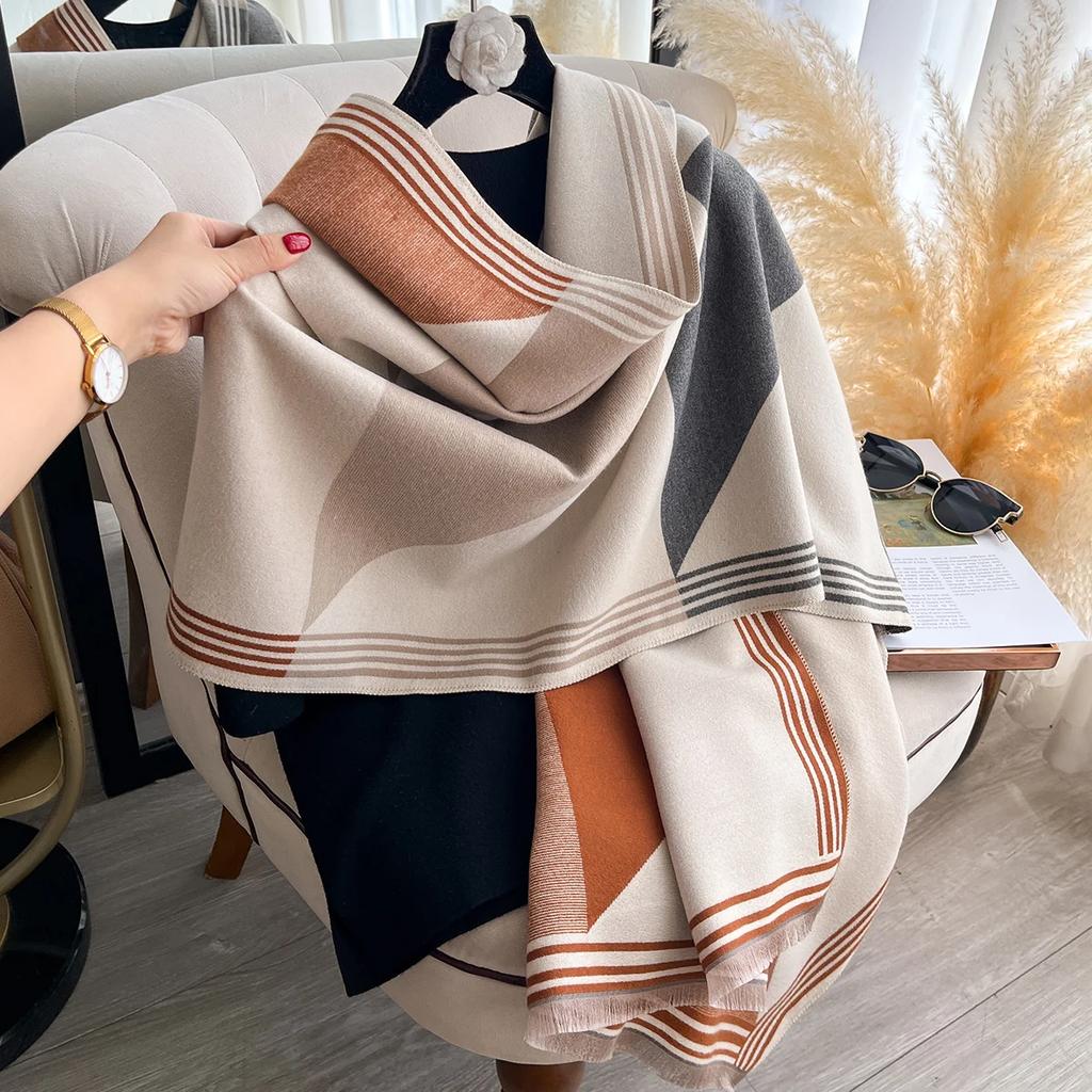 Winter Blanket Scarf Shawl For Women Warm Pashmina Geometric Color Blocks Print Wrap Imitation Cashmere Foulard Scraves