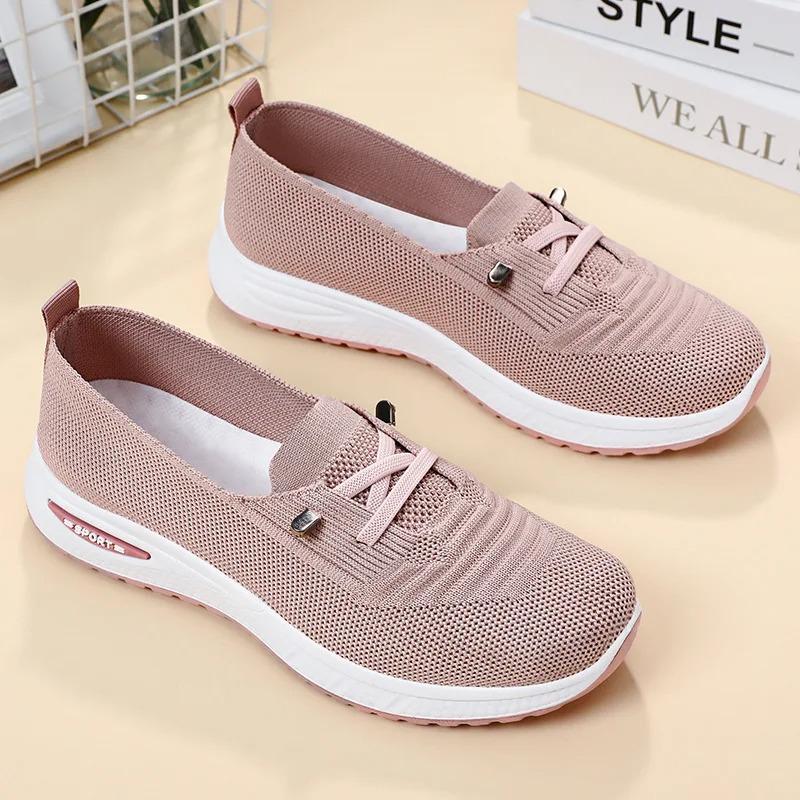 Women's Shoes New Styles Plus Size Casual Shoes Flyknit Breathable Mom Shoes Low-Cut Lightweight Flats Lace-Up Mesh Shoes