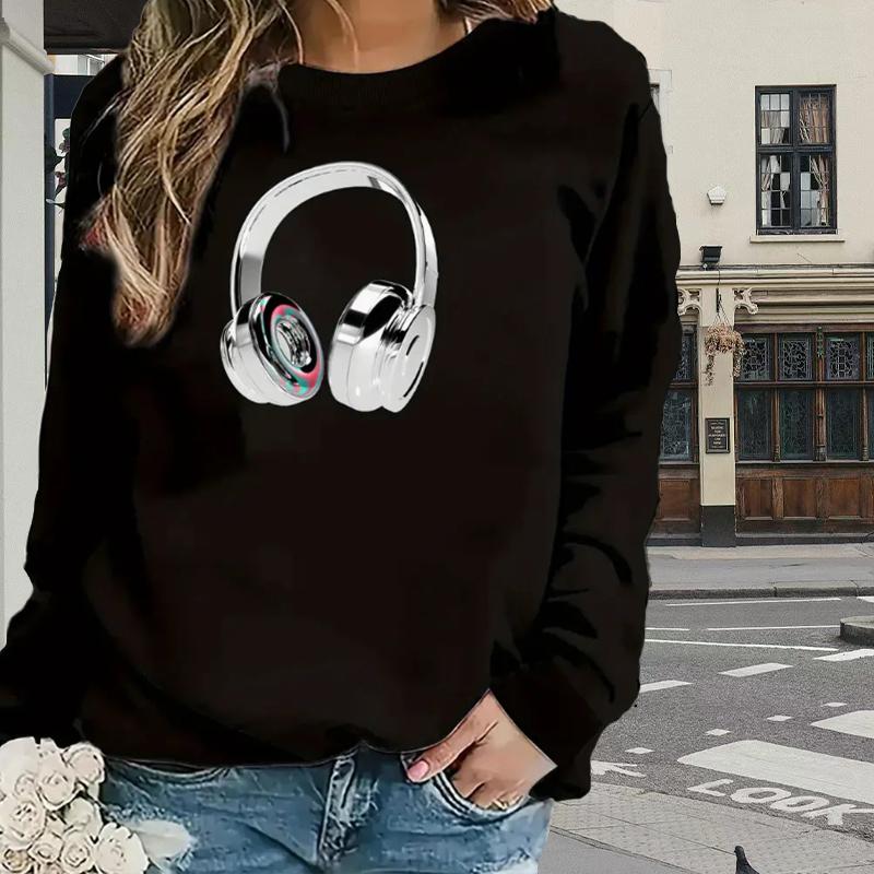 Топы для женщин Простые наушники Принт Круглый вырез Длинный рукав Футболка Осенний — фото 6