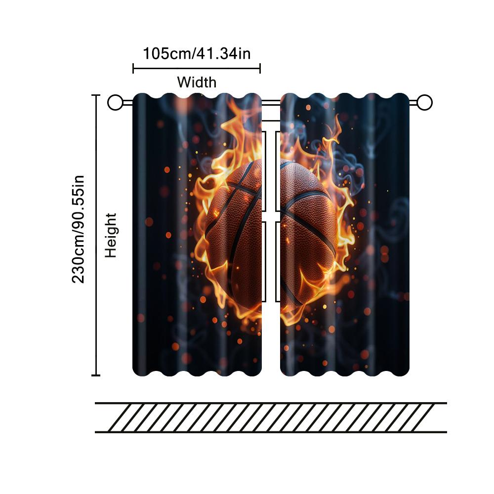 2 Pcs, Filtering Curtains (excluding Rods, Non-movable, Without Batteries) Artistic Basketballbackgroundsuitable for Use In