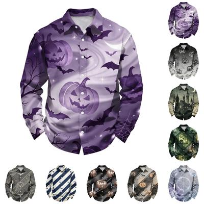 Men's Loose Fit Long Sleeve Shirt Halloween Pumpkin Print Casual Button Down Shirt Vintage Style Breathable Fabric Comfortable for Outdoor Workwear