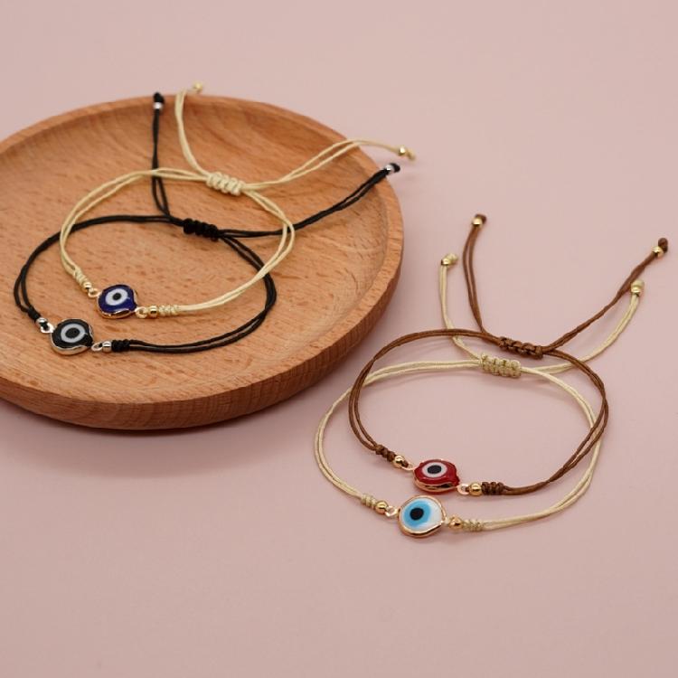 Bohemian Evil Eyes Glass Bead Bracelet Gold Accented Adjustable Cord Wristchain Jewelry For Everyday Wear