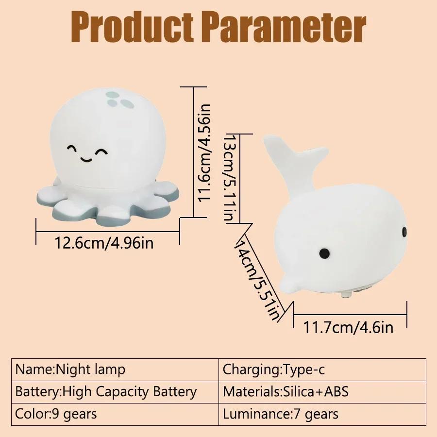 Night Light Cute Animals Panda Rabbit Whales Silicone Lamp Rechargeable Bedside Sleep Warm Soft Light For Kids Birthday Gift