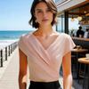 Top da Donna Scollo a V Manica Corta Design Pieghettato Camicette Colore Puro Vestibilità Slim Top Estivi Casual per Ufficio Feste Appuntamenti