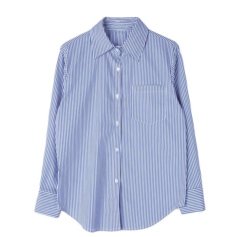 Women's Blue Striped Long Sleeve Shirt - 2026 Spring Slim Fit, Fashionable & Professional Design