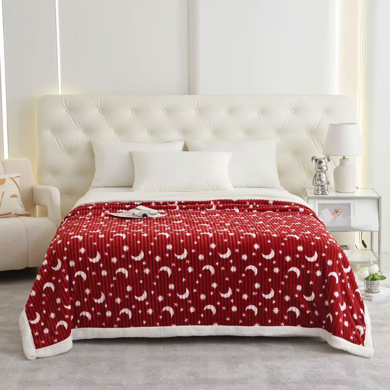 Star and Moon Ribbed and Hemmed Double-Layer Lambswool Blanket—Casual Blanket for Home and Warmth 100*150cm