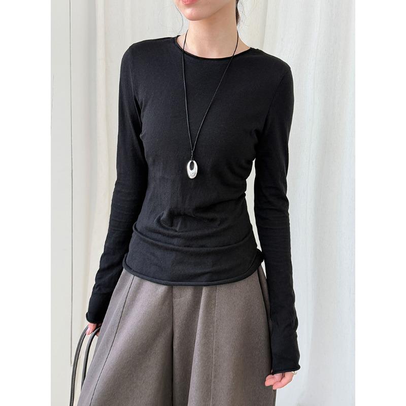 Luxi Korean Style Versatile Rolled Edge Round Neck Bottoming Shirt for Women Autumn New Long-sleeved Inner Slim Fit Top