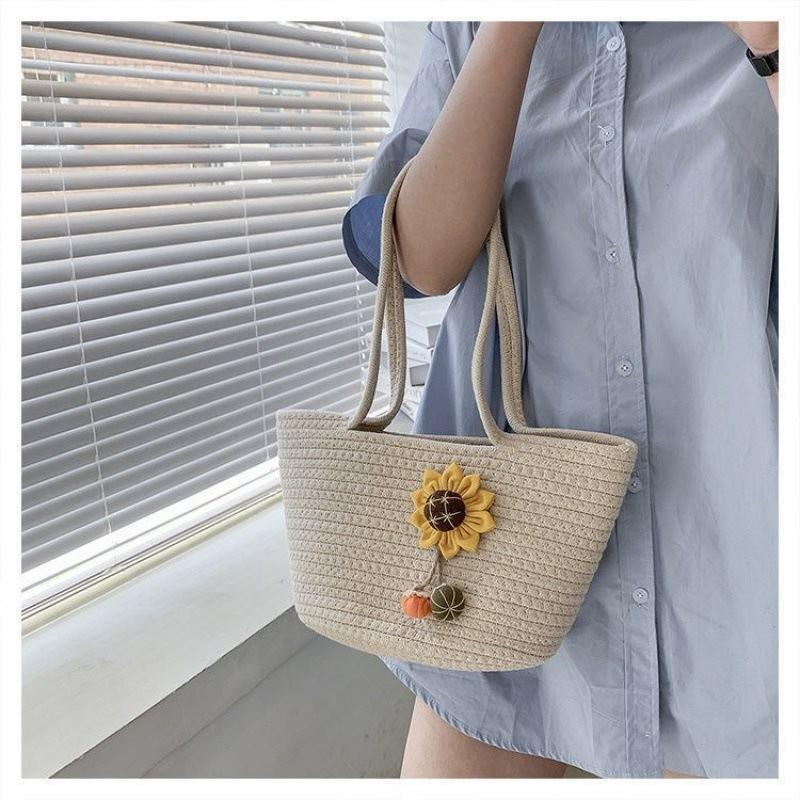 Stylish Sunflower Woven Cotton Bag For Women In Beige And Brown Perfect For Everyday Use