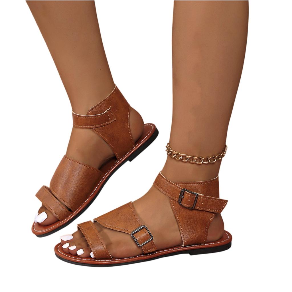 Sommerliche Damen Retro flache Freizeitsandalen mit Gürtelschnalle