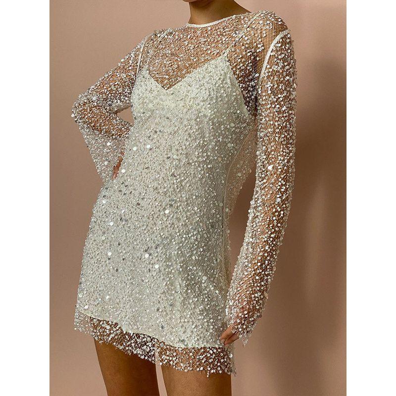 Mesh Strappy See-through Dress French style Sexy Perspective Mesh Overall Dress Set Dress