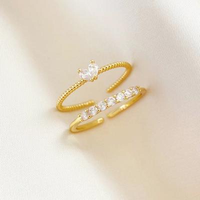 2PCS Trendy Zircon Heart Rings Set for Women Girl Korean Gold Color Adjustable Opening Finger Ring Bride Wedding Female Jewelry