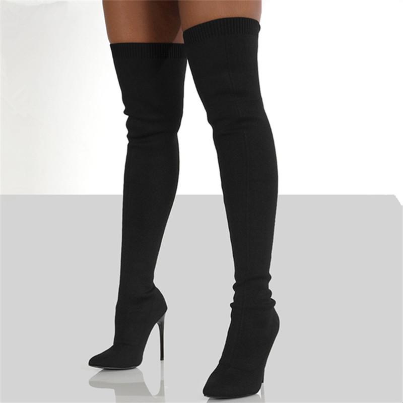 Over-knee large-size boots pointed-toed thin-heeled boots autumn and winter high-heeled elastic boots socks boots long tube fly-woven women's boots