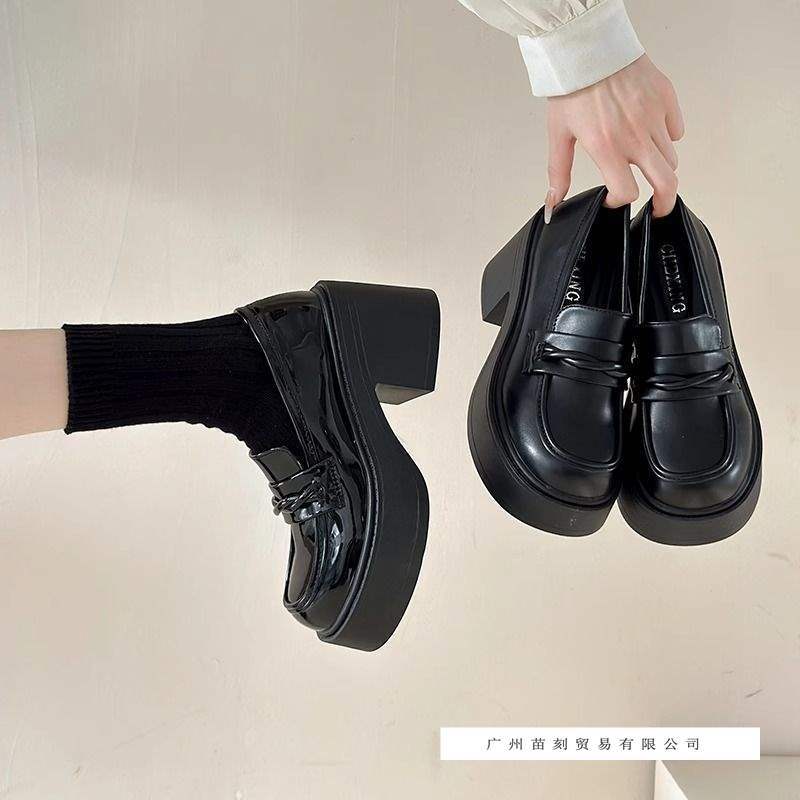 Black Round Head Small Man Increases Height with One Pedal Loafers Women's Spring British Style Platform Small Leather Shoes