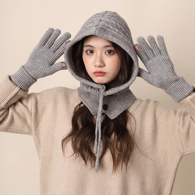 Vintage Red Balaclava Hat Women's Winter Warm Gloves Scarf Integrated Couple Ear Protectors Wool Knitted Hat