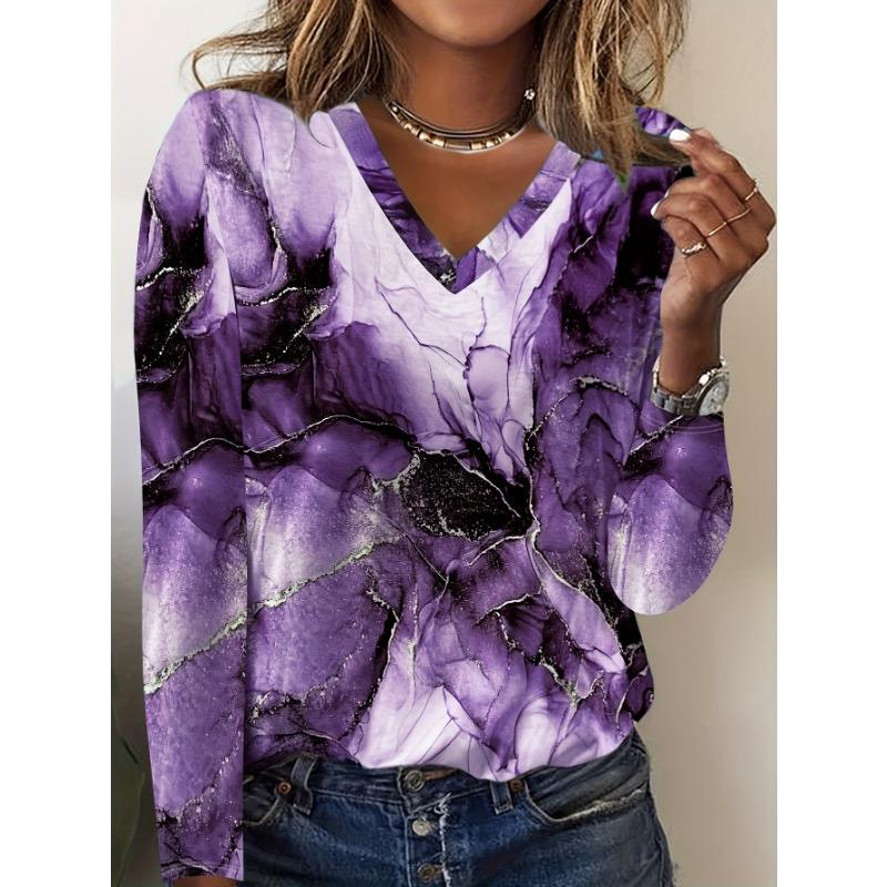Women's Elegant V-Neck Marble Print Long Sleeve T-Shirt Soft Polyester Great for Autumn and Winter Casual Wear Floral Print Tops