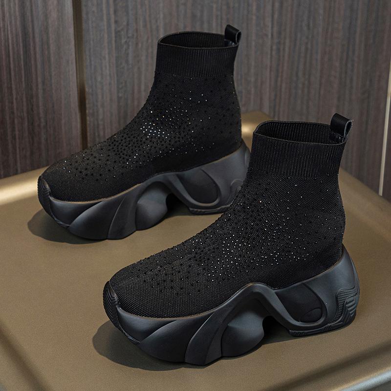 

Модные новые 8 см эластичные трикотажные пинетки из ткани носок платформа танкетка щиколотки без застежек весна осень женская мода стразы блестящие туфли 38 чёрный