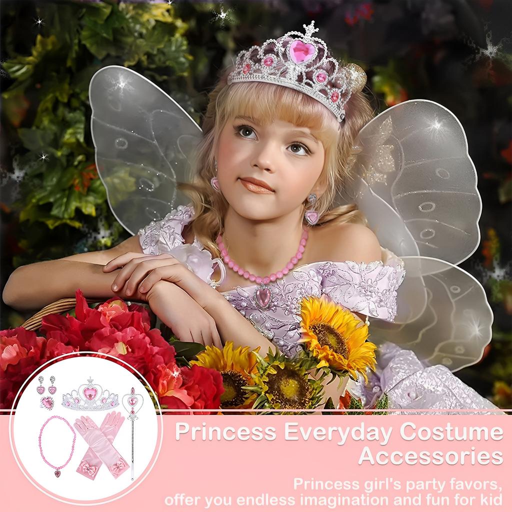 Princess Dress Up Accessories Set for Girls 6pcs Princess Costume Gloves Tiara Wand Necklace Earrings Bracelet Ring
