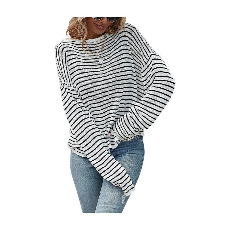 Nuova maglia da donna a maniche lunghe primaverili e autunnali e girocollo in maglia con design a strisce, maglione ampio e sexy in maglia