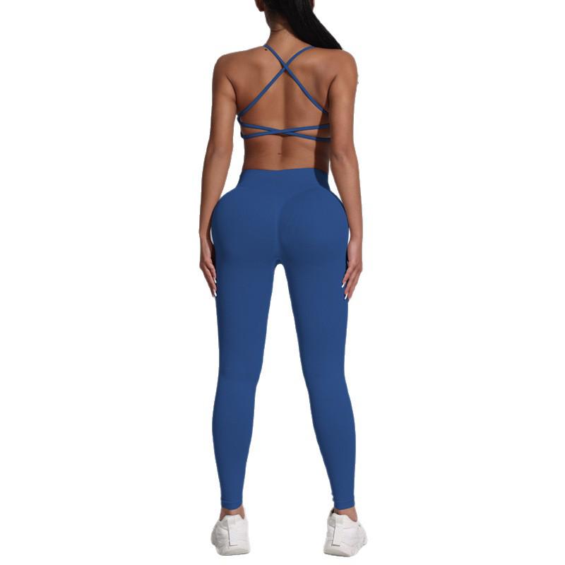 Nahtloses Damen Sport Yoga Set: Sport-BH mit gekreuztem Rücken & Pfirsich-Po Leggings