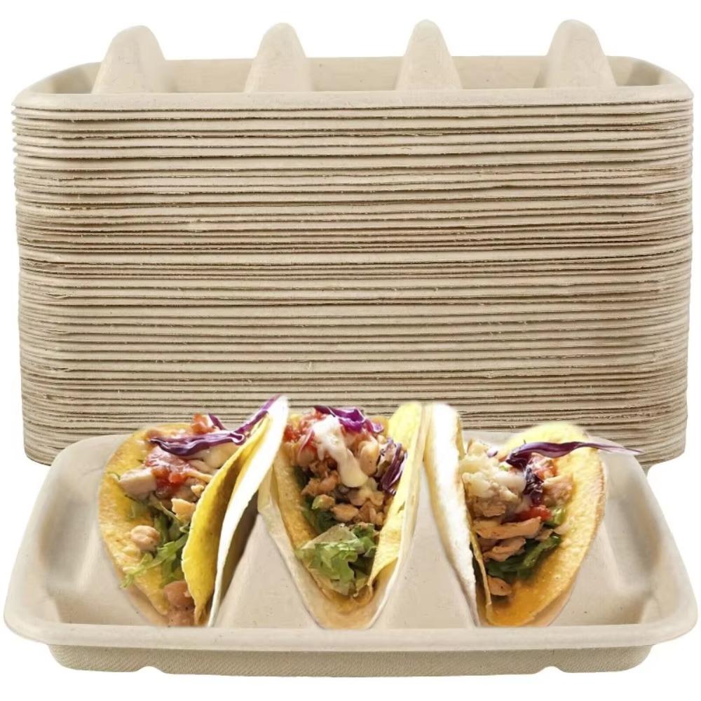 50Pcs 3 Compartments Disposable Taco Plates with Lid Taco Serving Tray Taco Holder  Restaurant