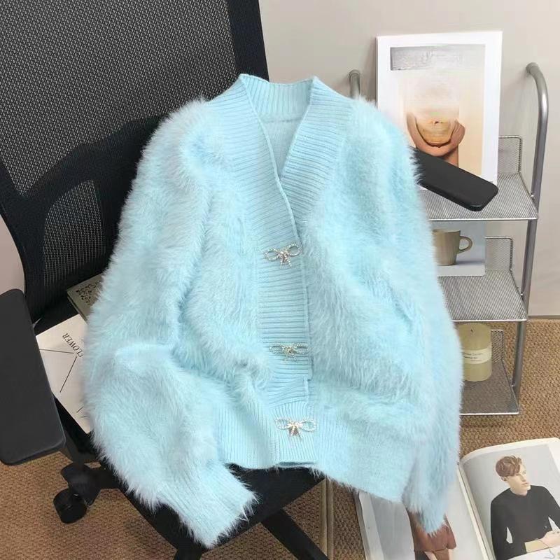 

Премиальный норковый флис Розовая куртка-свитер Женская Осень и Зима Новая Утолщенная Свободная Темперамент V-образный вырез Вязаный кардиган One Size синий
