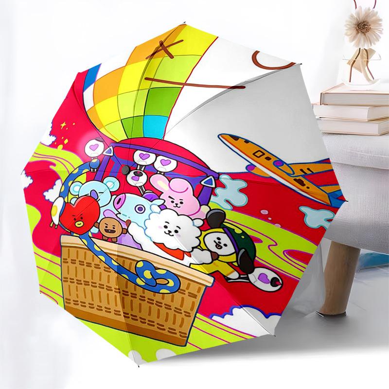 1pc BT21 Characters Outdoor Umbrella - Automatic Opening/Closing, Portable 3-Fold Design, 8-Bone Iron Frame, Perfect Gift for Fans, Travelers, Da