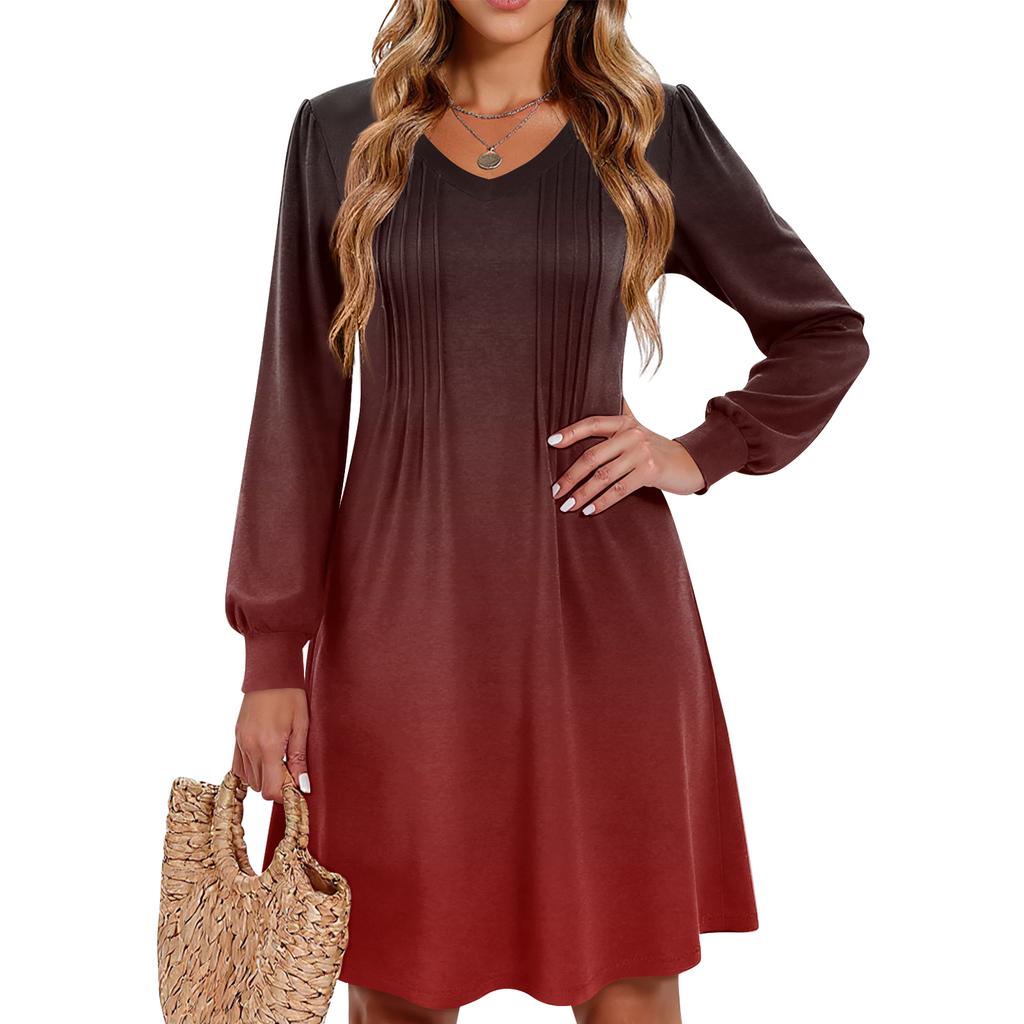 Ladies' Printed Casual And Fashionable V-neck Long Sleeved Mid Length Dress