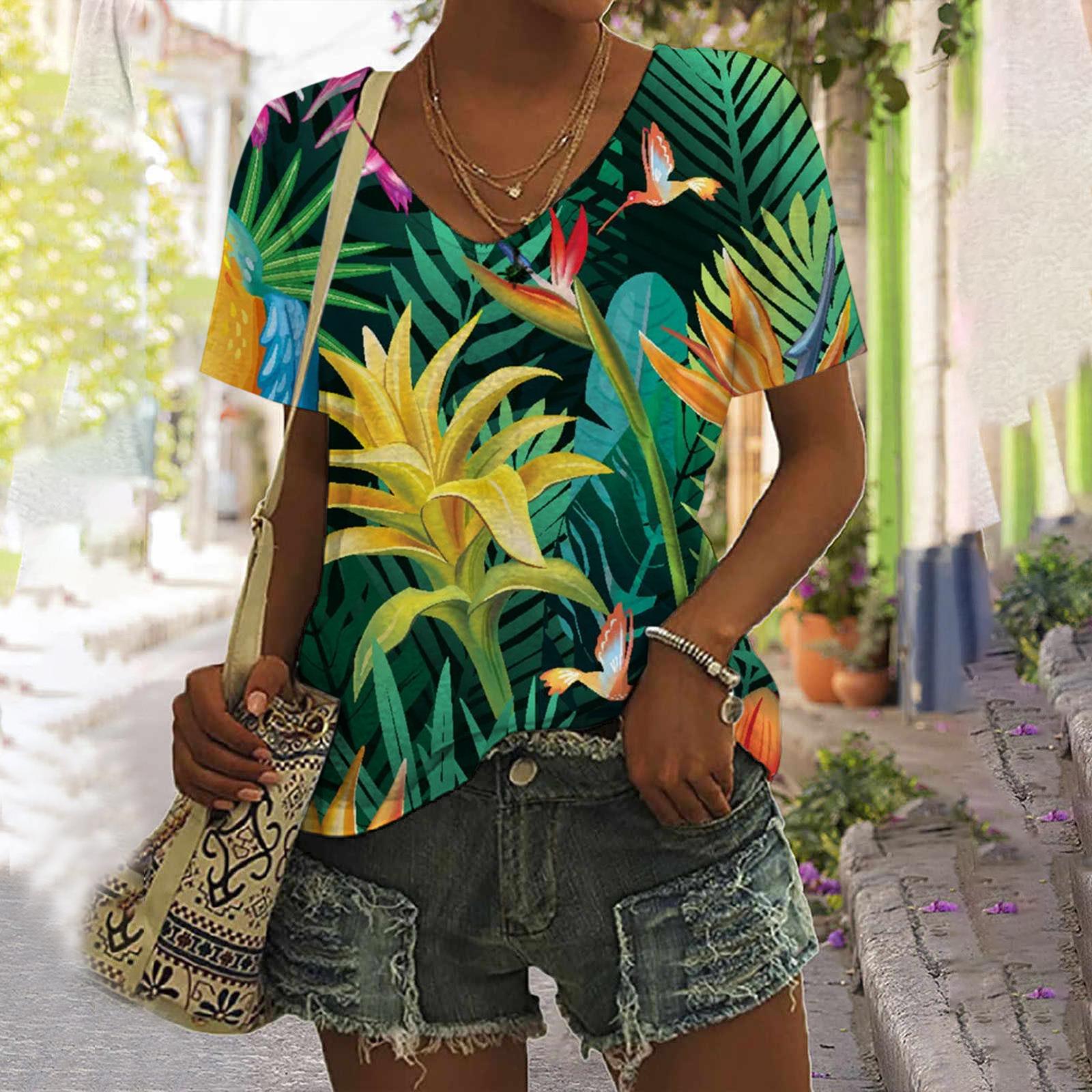 

Retro Parrot Plant T-shirt for Couples Summer Casual Loose Sports Style 3D Printed Short Sleeve V-neck T-shirts 5XL