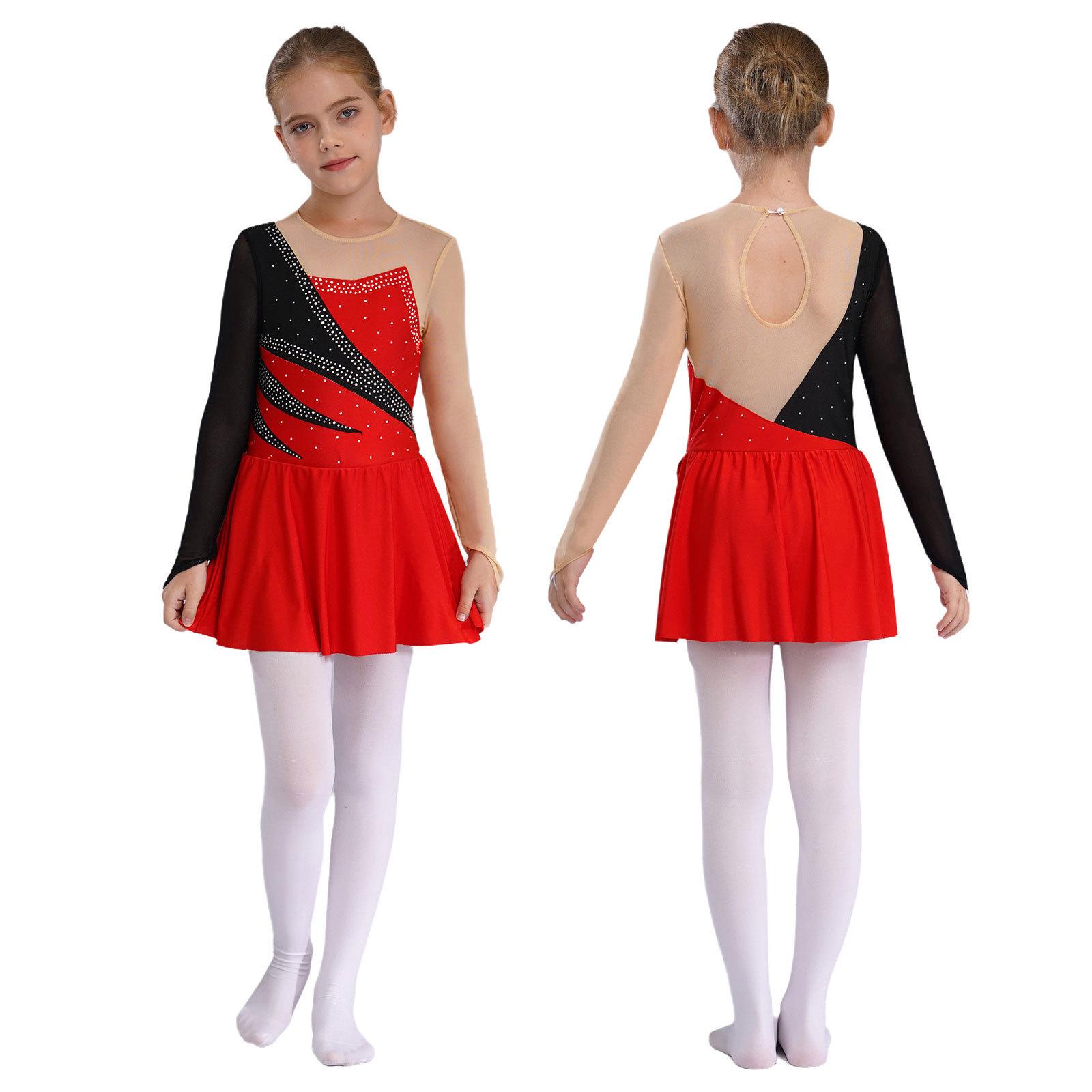 IEFiEL Figure Skating Dress Kids Girls Tutu Ballet Dress Shiny Rhinestone Gymnastics Leotard Long Sleeve Mesh Ice Skating Dress 5-6 Years