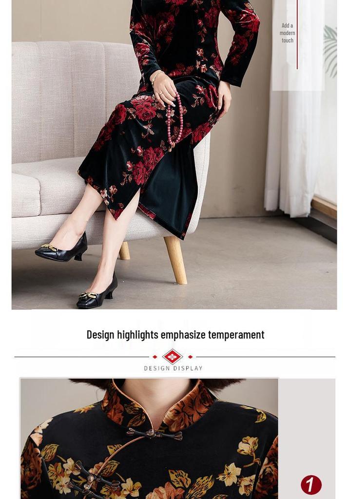 Elegant Golden Velvet Qipao Dress for Middle-Aged and Elderly Women - Waist-Cinching, Mid-Length, Perfect for Spring and Autumn