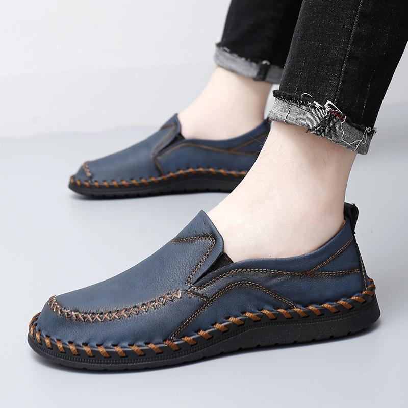 Men Brown Slip on Moccasins Hiking Shoes Black Flats Driving Shoes Blue Handmade Casual Wide Head Shoes Plus Size