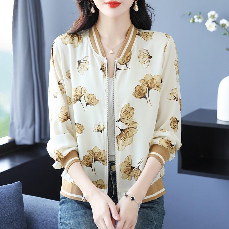 High-end Summer Mulberry Silk Long-sleeved Short Jacket Women's New Baseball Jersey Spring and Summer Thin Sunscreen Clothing