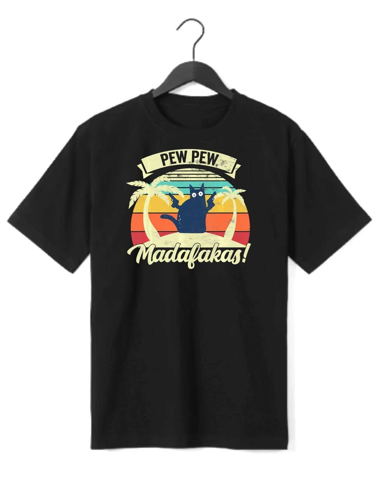Pew Pew Madafakas funny t-shirt with cat & guns S