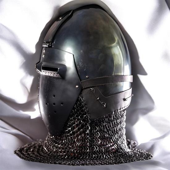 Medieval Knight Bascinet Helmet Black Silver Steel Chainmail Armor LARP Cosplay Gift