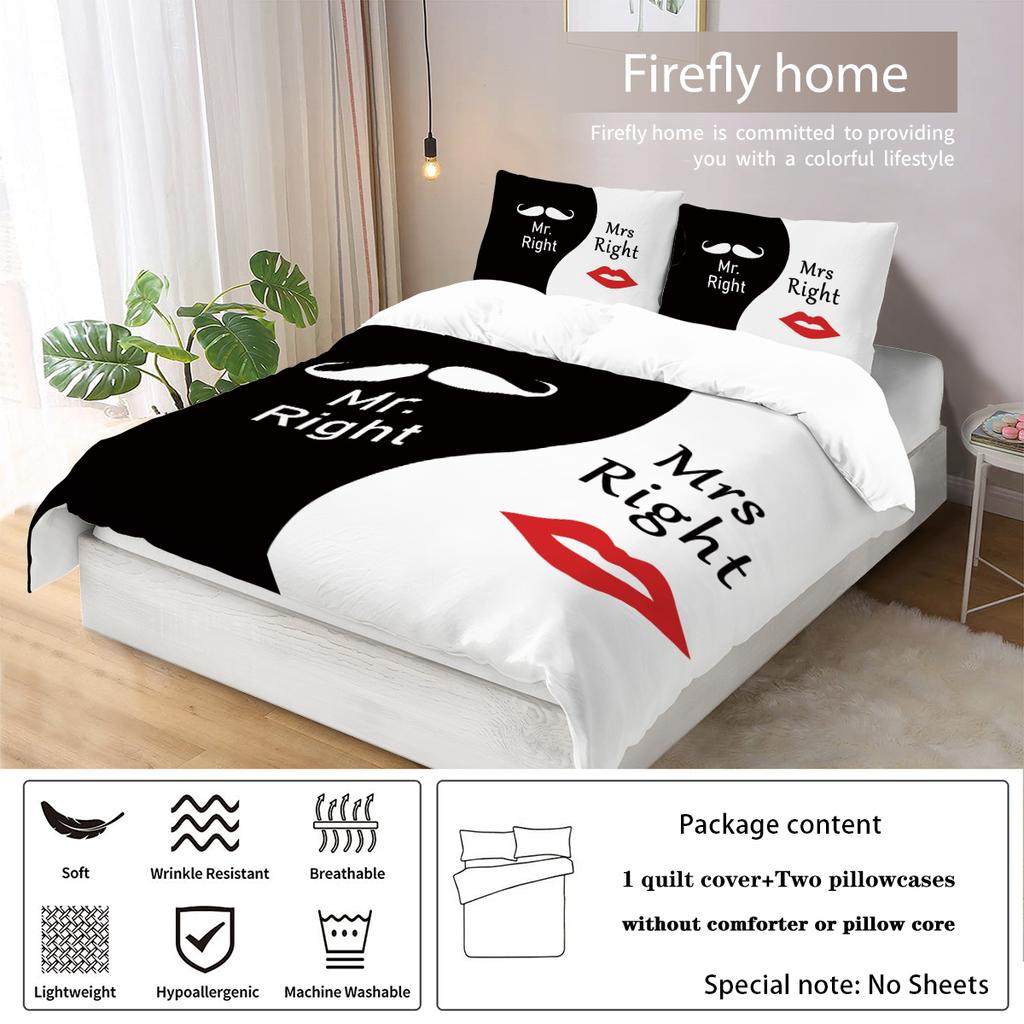 3-piece down duvet cover set in black and white color with beard and lip print for couples (1 duvet cover+2 pillowcases, no core