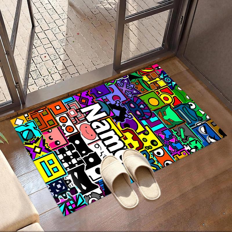 Custom Name Personalized Geometry Dash Print Carpet, Versatile Home Decor Rug, for Playroom, Apartment, Balcony, Entryway, Hallway Gift