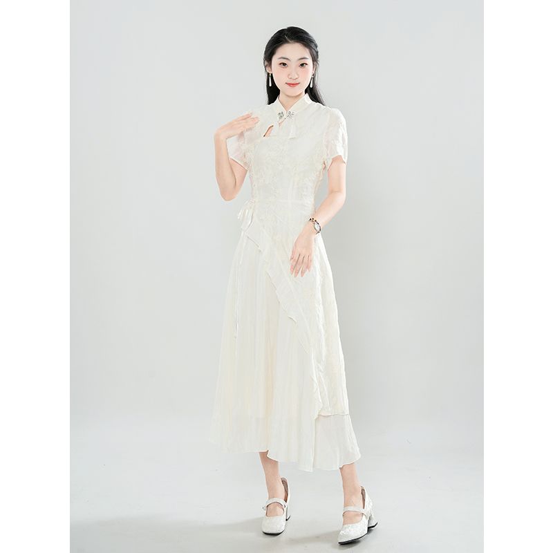 

Woven Wind Moon Song New Chinese Style Improved Tassel Cut Flower Patchwork Temperament Dress Irregular Design Sense Dress Gentle Apricot S