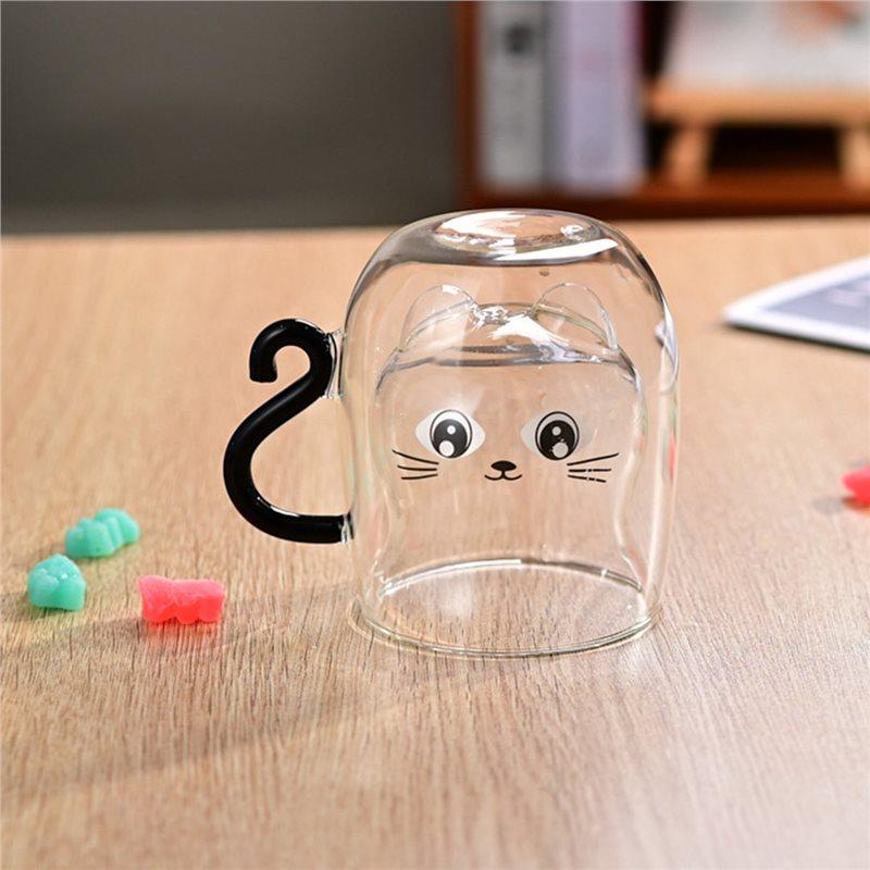 ABJJ Glass Cup Double Wall 250Ml Cute Cat Design Home Coffee Mug With Handle For Hot And Cold Milk Tea Juice Transparent Drinkwa
