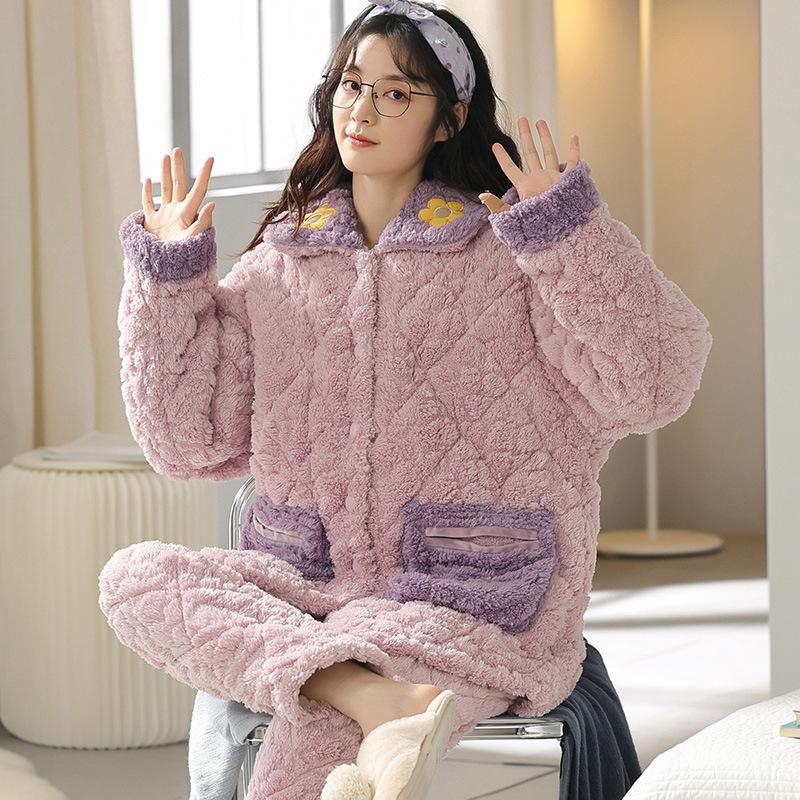 Coral Velvet Quilted Pajamas Women's Winter Three Layer Thick and Fleece Home Wear Women's Winter Flannel Thermal Set