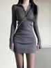 Pure Desire Zippered High-Neck Slim Fit Long Sleeve Bodycon Little Black Dress for Women – Autumn Hot Girl Style