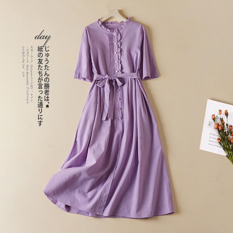 

2025 лето новое ретро хлопок и лен платье с рукавом средней длины женское шнуровка на талии тонкое однотонное платье средней длины женское 2XL фиолетовый
