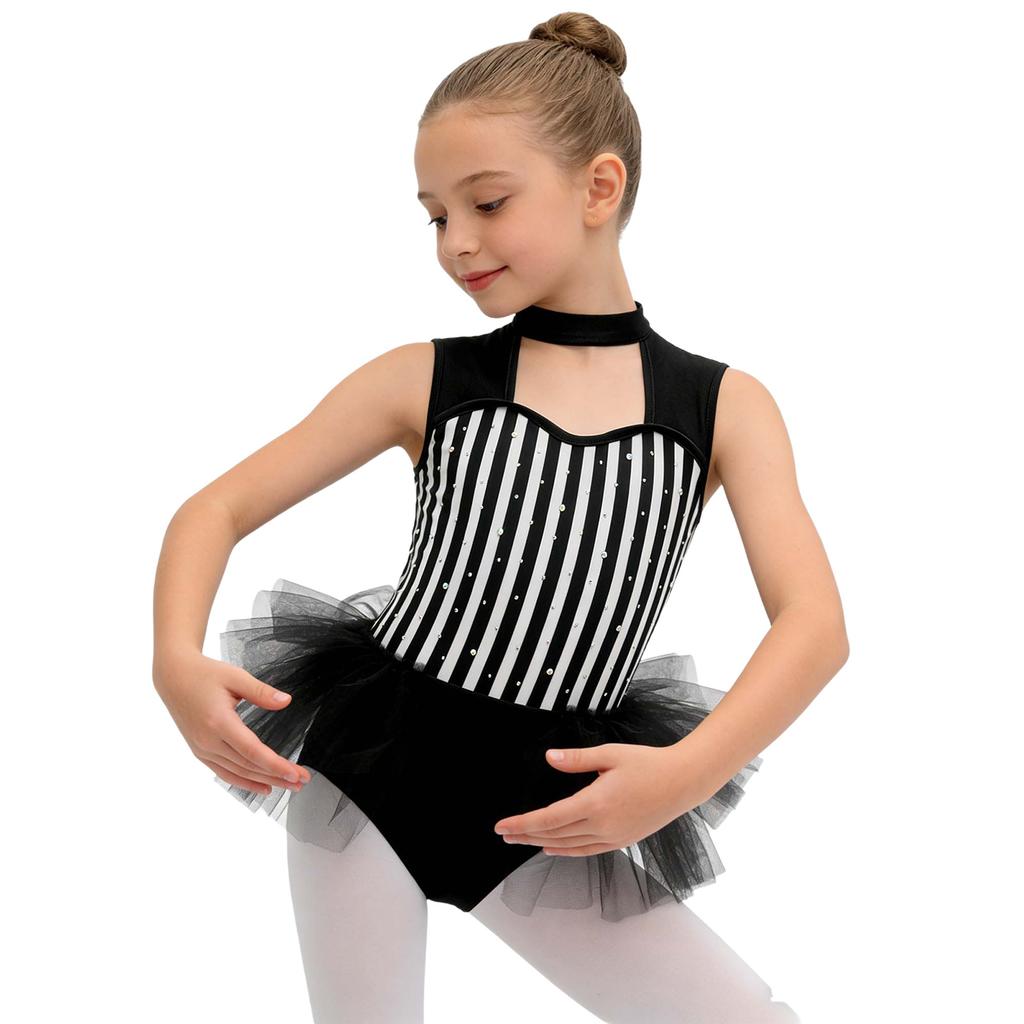 Girls Ringmaster Bodysuit Striped Jumpsuit Rhinestone Details Sleeveless Cutout Waist Mesh Ruffle Performance Costume