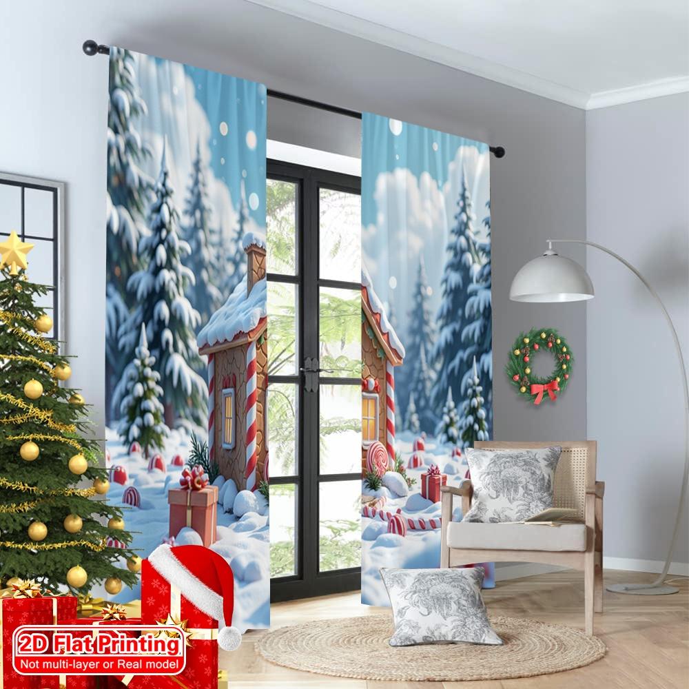 2pcs 2D Flat Printing Christmas Scene Curtain Gingerbread House Candy Winter Wonderland Polyester Fabric Without Electricity