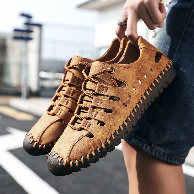 

2025 лето новые мужские сандалии на шнуровке большого размера 8808 открытая пляжная обувь полая 48 коричневый