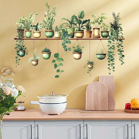 Potted Green Plant Shelf Wall Decal Tropical Plants Green Leaves Wall Stickers Removable Wall Art Murals for Living Room Bedroom Kitchen Office