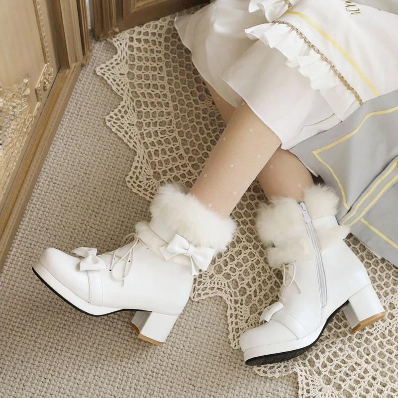 Women's Bow Ankle Boots Cute Kawaii Round Toe Chunky Heel Platform Booties Cosplay Comfy Gothic Shoes Big Size 44